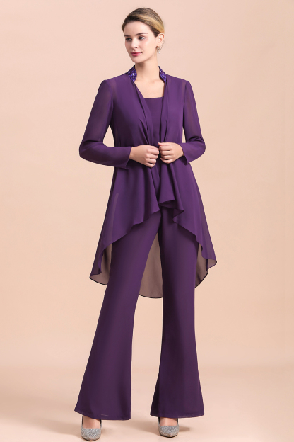 Grape Chiffon Beading Mother of Bride Jumpsuit with Wrap