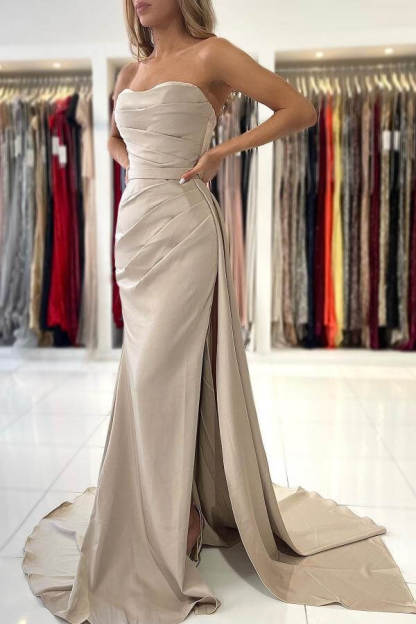 Sweetheart Ruched Satin Cloumn Prom Dress with Train Strapless Long Formal Dress Side Slit