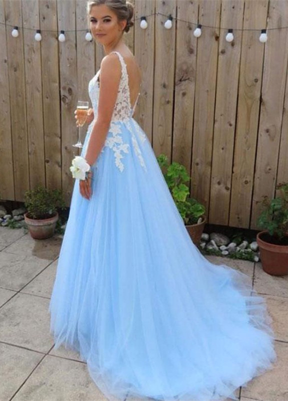 Sexy Elegant V-Neck Lace Appliques Open Back Prom Dress UKes UK Tulle Sexy Sleeveless Evening Dress UKes UK