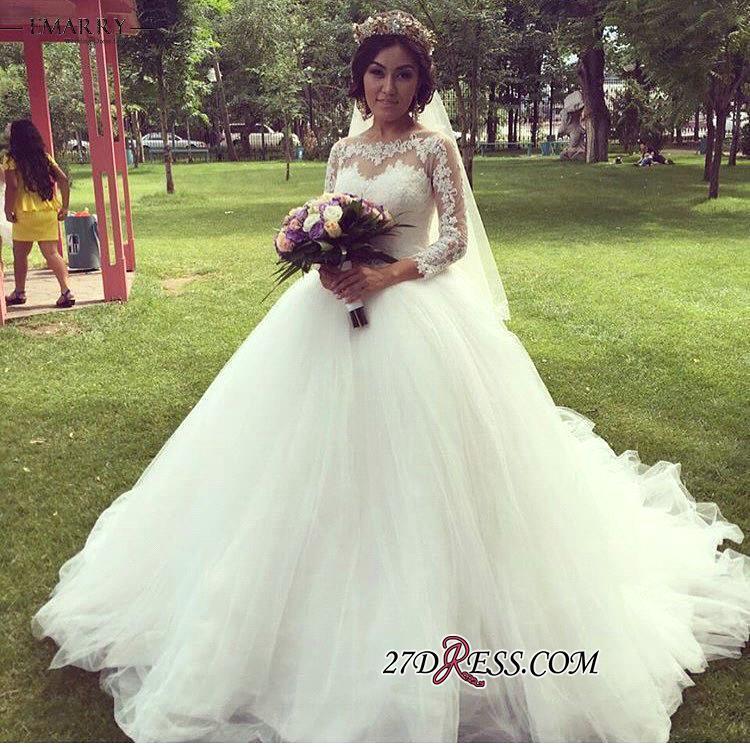 Ball-Gown Long-Sleeve Tulle Elegant Lace Princess Wedding Dress