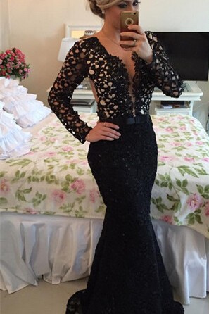 V-neck Black Lace Mermaid Prom Dress UK Long Sleeve-27Dress.co.uk