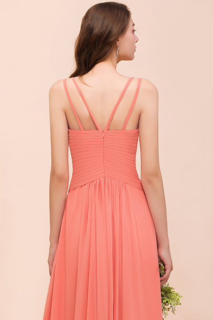 Elegant Coral A-line Side Split Bridesmaid Dress Sleeveless Long Chiffon Wedding Guest Dress