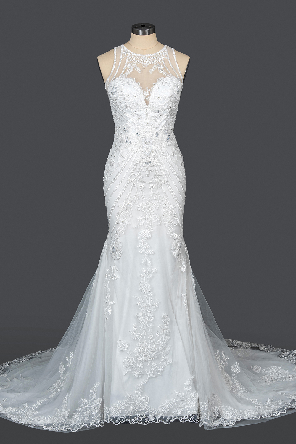 Scoop Neck Sleeveless Mermaid Wedding Dress with Floral Lace Appliques