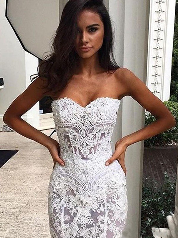 Sweetheart Sexy Mermaid Sleeveless Lace Court Train Applique Wedding Dresses UK-27Dress.co.uk