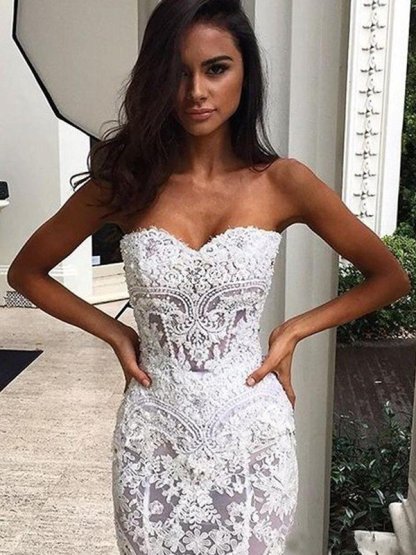 Sweetheart Sexy Mermaid Sleeveless Lace Court Train Applique Wedding Dresses UK-27Dress.co.uk