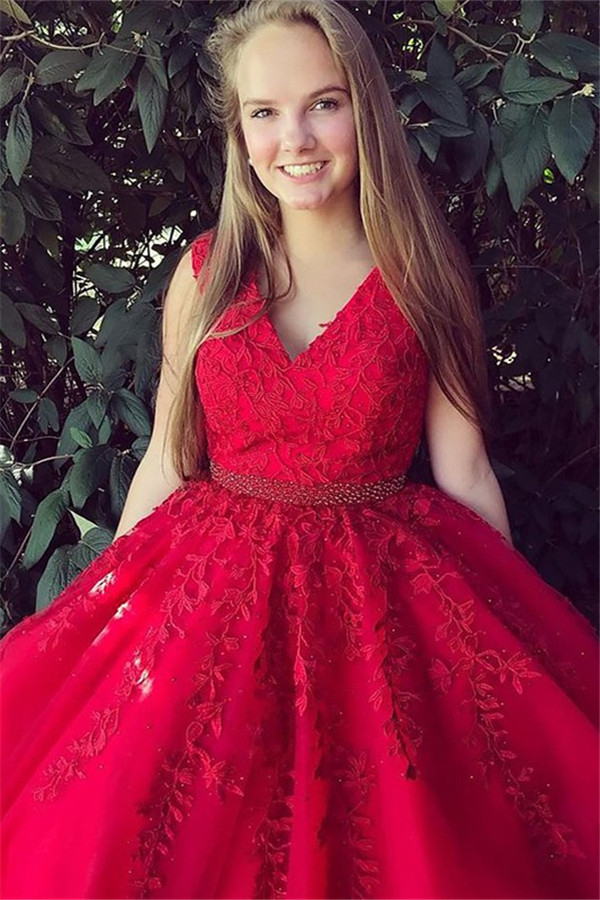 Fashion Red Elegant V-Neck Lace Appliques Prom Dress UKes UK Sleeveless Evening Dress UKes UK with Beads