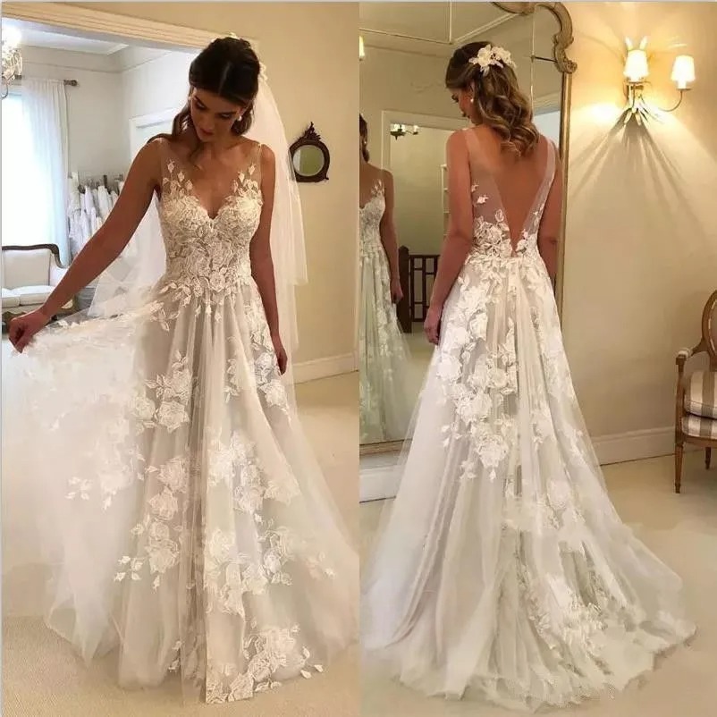 V-Neck Princess Wedding Dresses UK | Bridal Gowns With Appliques