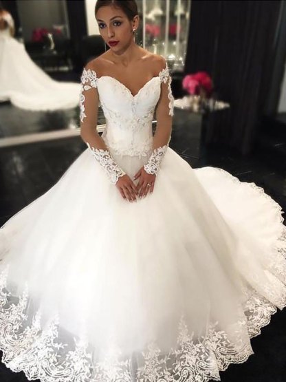 Off-the-Shoulder Ball Gown Tulle Court Train Applique Sleeveless Wedding Dresses UK