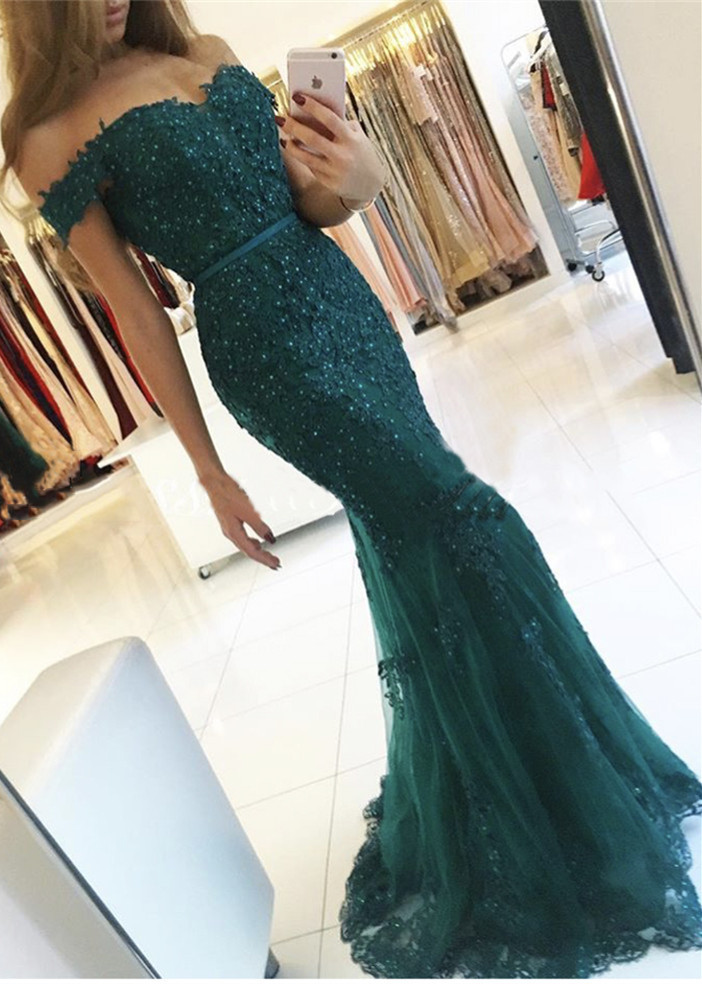 Off-the-Shoulder Prom Dress UK | Lace Appliques Evening Gowns