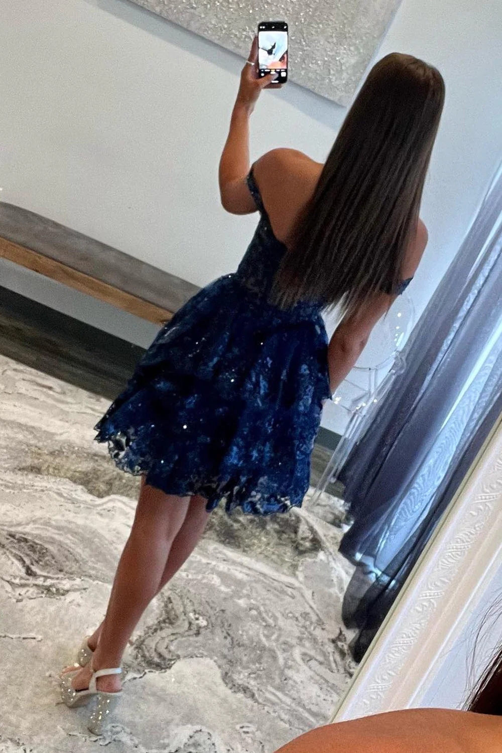 Sparkly A-Line Black Tiered Short Homecoming Prom Dress with Lace