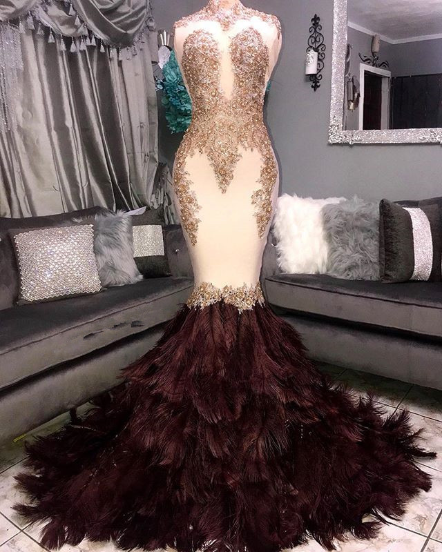 Luxury Elegant Mermaid High Neck Sleeveless Fur Lace Appliques Prom Dress UKes UK UK