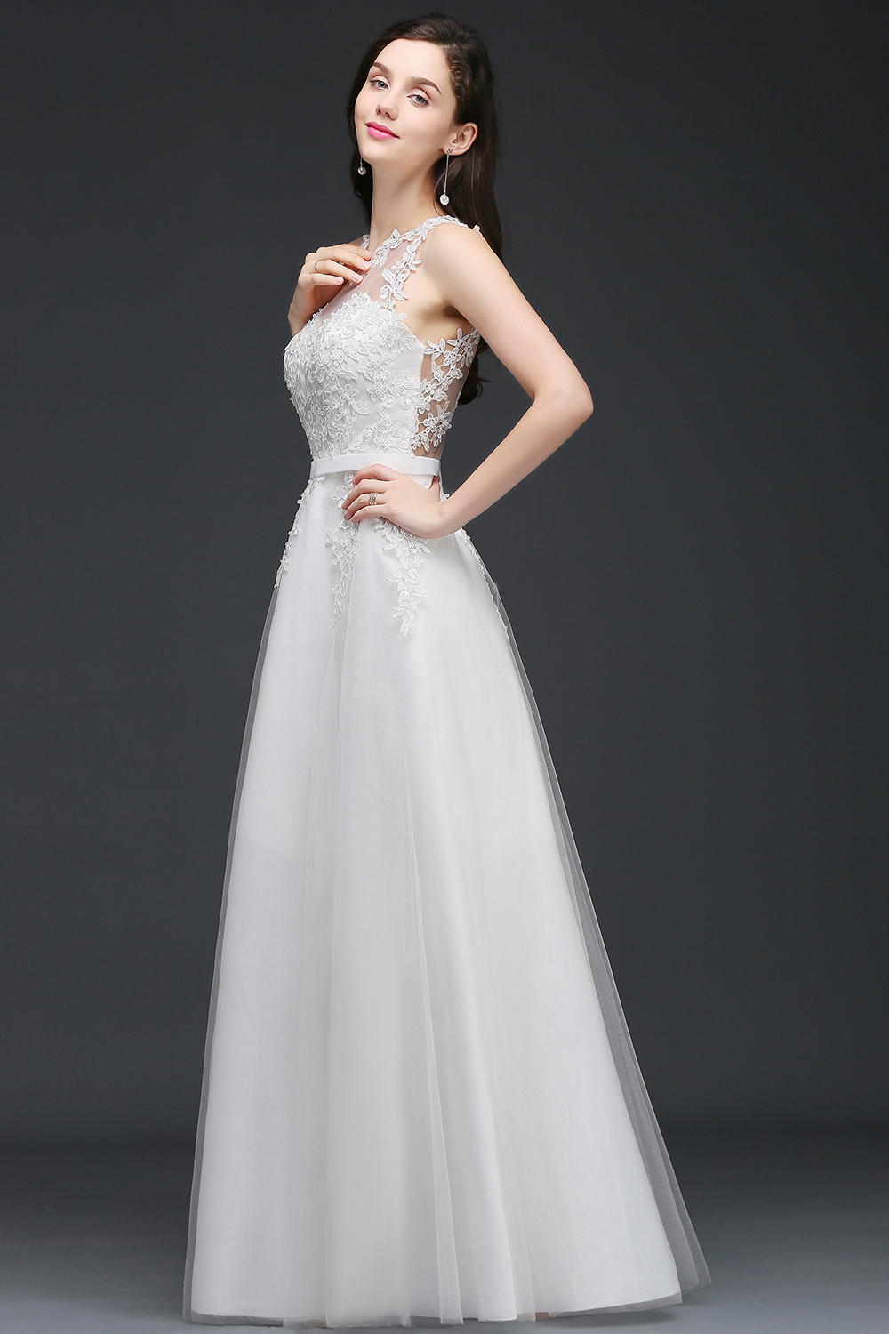 AMARI | A-Line Jewel Floor Length Tulle Wedding Dresses with Lace