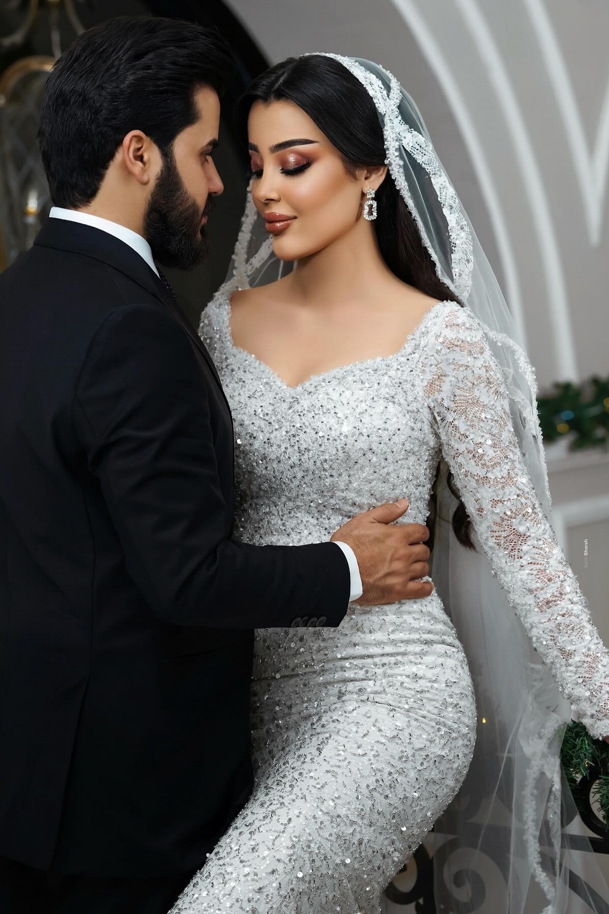Unique Square Neckline Long Sleeve Sequins Mermaid Wedding Dresses