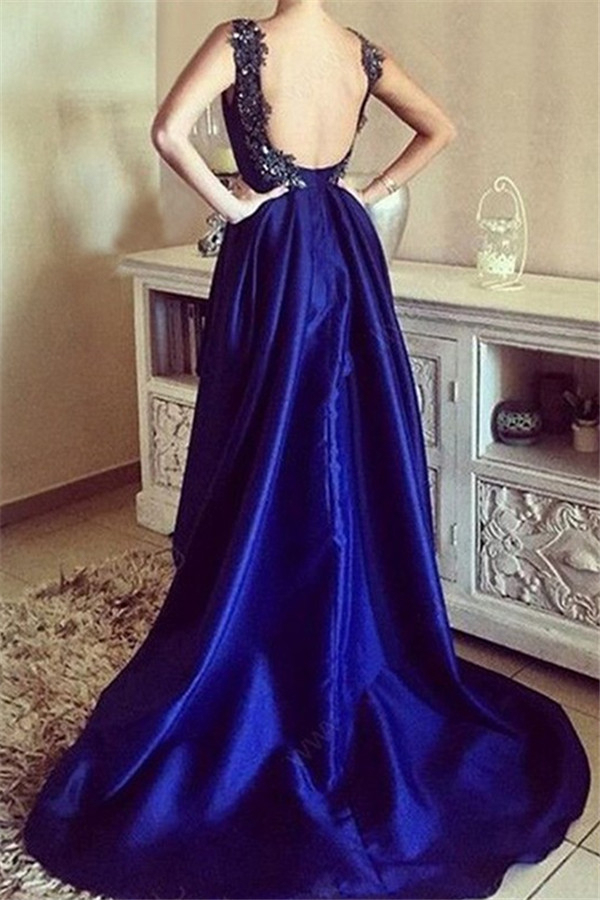Royal Blue 3-D Flower Crystal Prom Dress UKes UK Hi-lo Open Back Elegant Evening Dress UKes UK with Beads