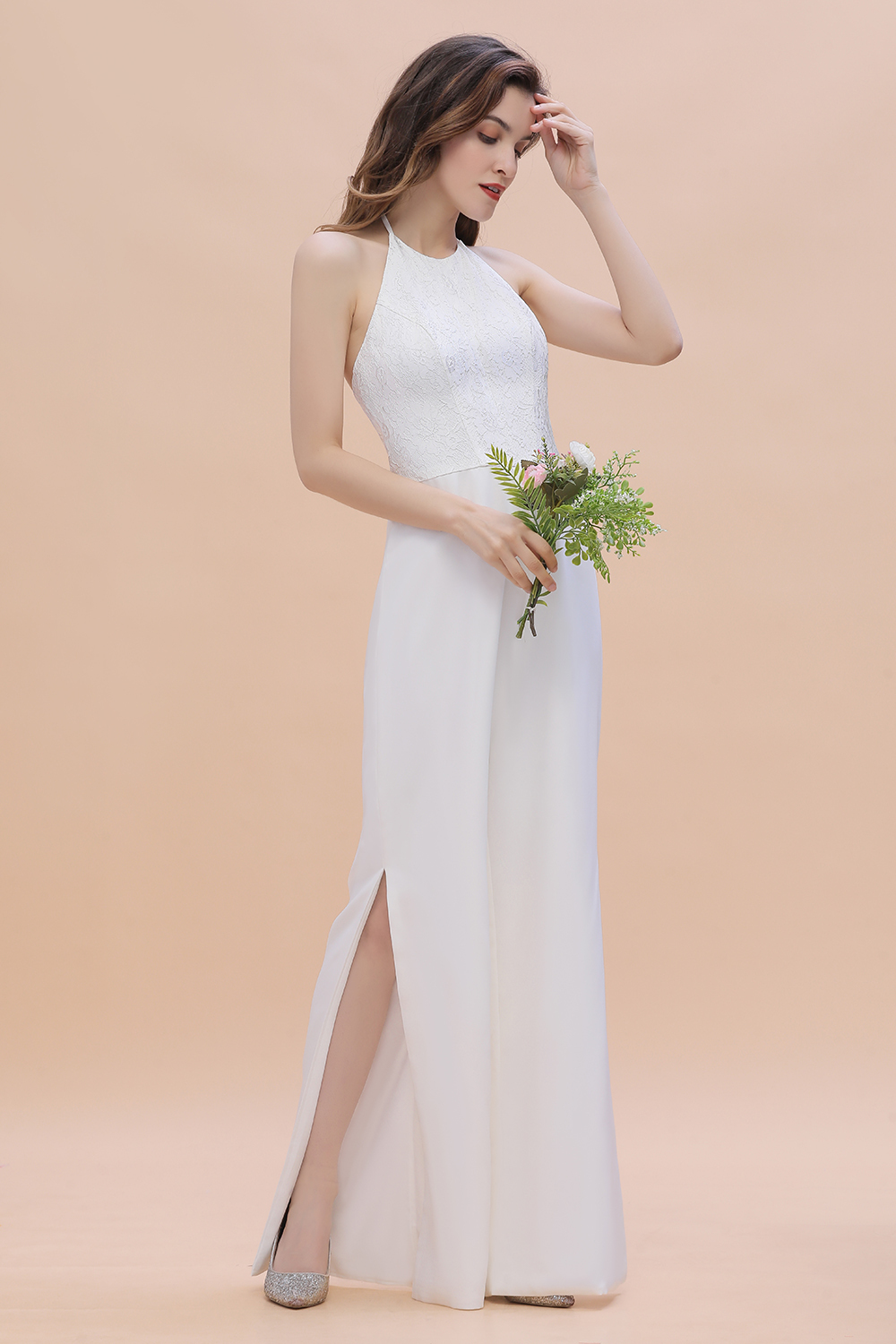 Halter Lace Long Bridesmaid Jumpsuit Side Slit Backless