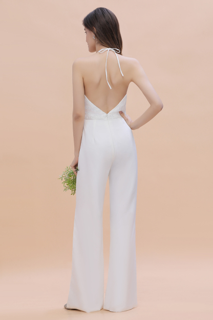Halter Lace Long Bridesmaid Jumpsuit Side Slit Backless