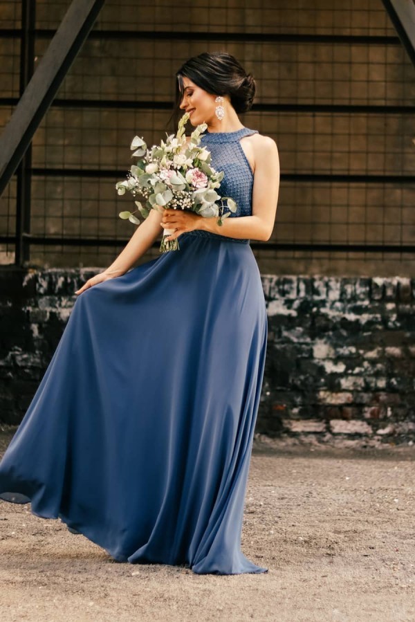 Halter Royal Blue Chiffon Bridesmaid Dress Simple Wedding Guest Dress