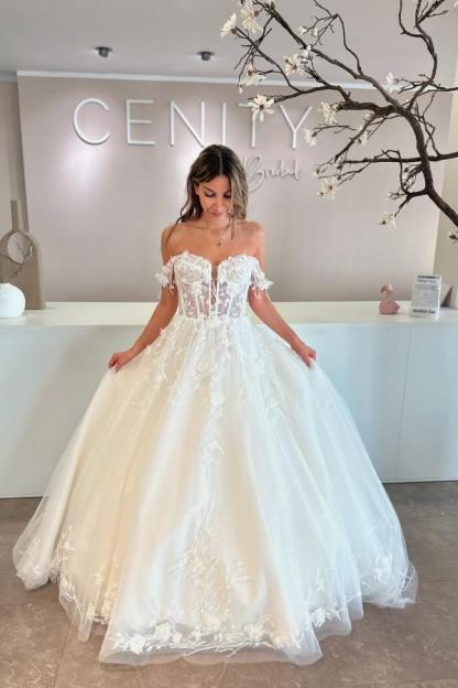 Off-the-Shoulder Sweetheart Tulle Aline Wedding Dress Simple Lace Appliques Bridal Dress