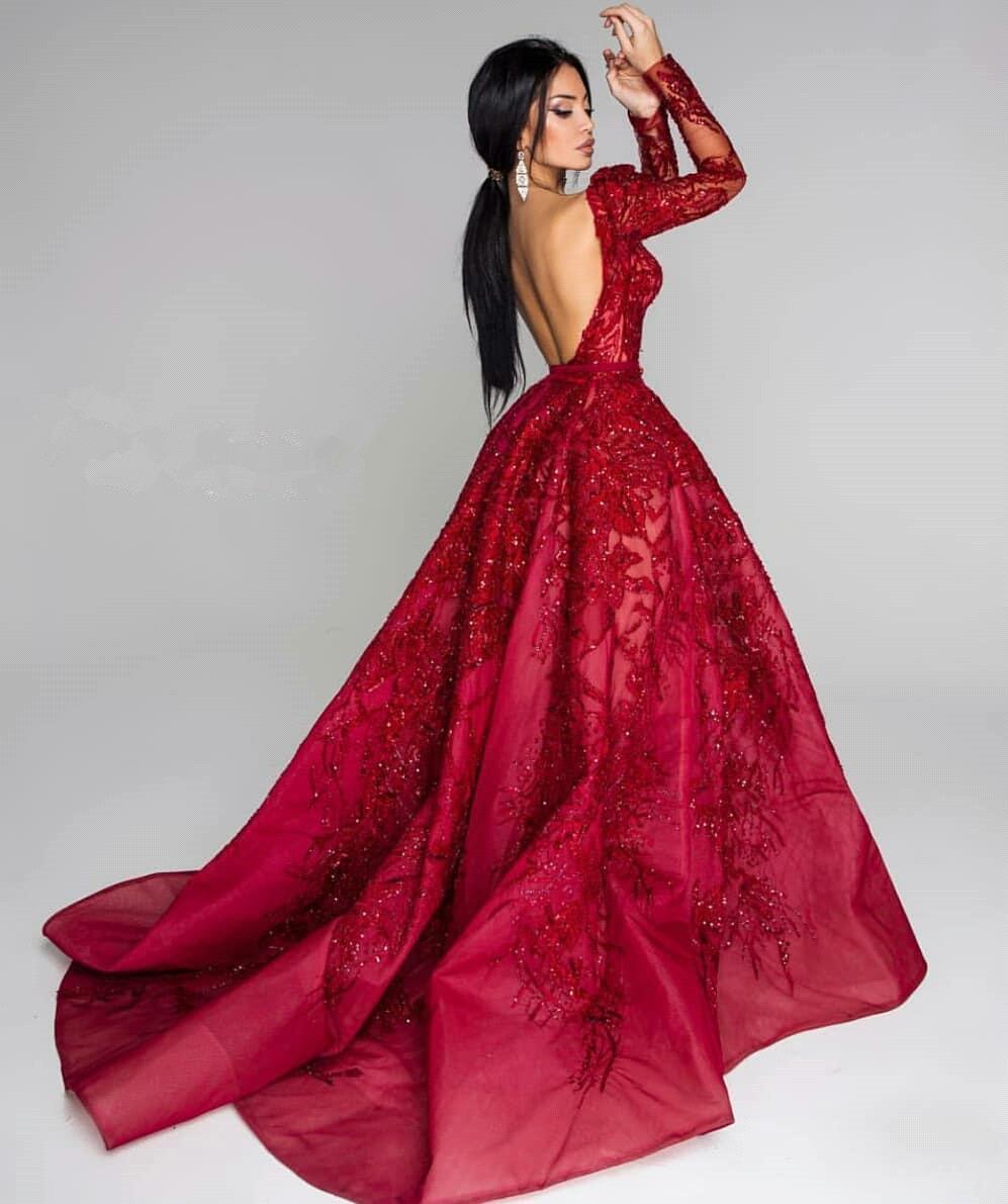 Ball Gown Backless Burgundy Beading Appliques Long Sleeves Formal Dresses-27Dress.co.uk