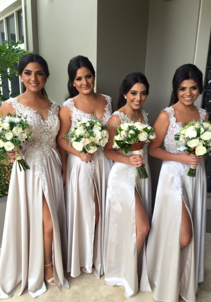 Elegant Lace Appliques Front Split Bridesmaid Dress UK A-line Floor-length