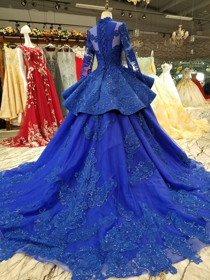 Long Sleeves Ball Gown Applique Tulle Beads Court Train Prom Dress UK UK