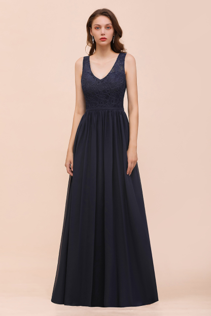 Chic Sleeveless V-Neck Navy Blue Lace Bridesmaid Dress Chiffon Wedding Party Dress