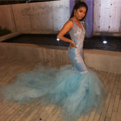 Elegant Mermaid Sheer Straps Applique Tulle Elegant Prom Dress UKes UK UK