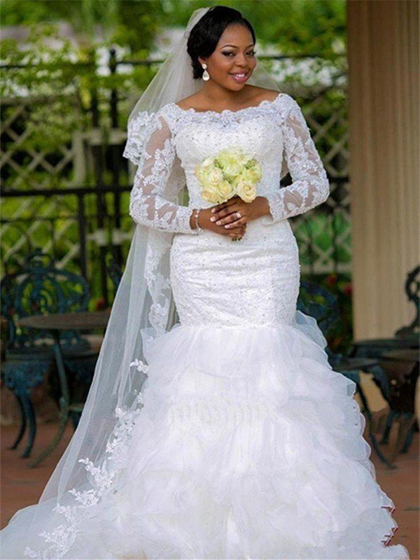 Square Sexy Mermaid Organza Long Sleeves Applique Wedding Dresses UK -27Dress.co.uk