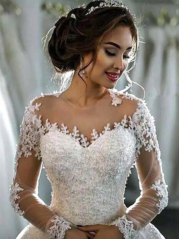 Scoop Neckline Applique Long Sleeves Ball Gown Tulle Wedding Dresses UK