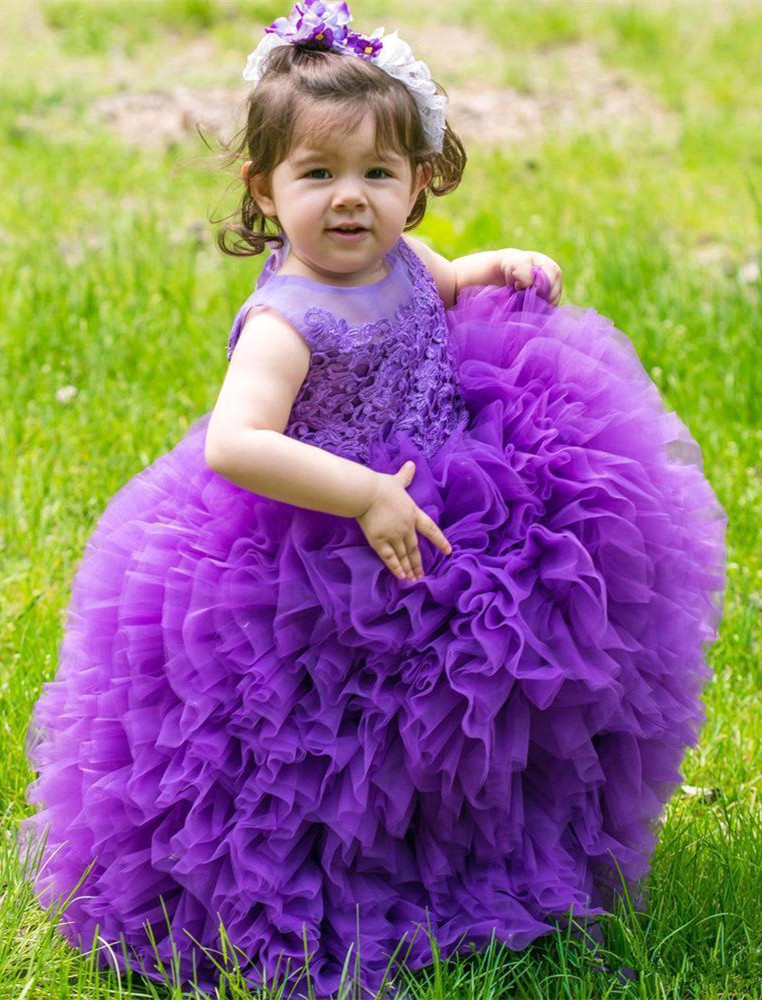 Floor-Length Lovely Lace Purple Ball-Gown Sleeveless Flower-Girl Dress