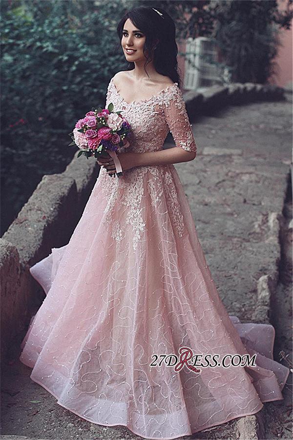 Tulle Pink A-Line Applique Half-Sleeve Long Prom Dress UKes UK