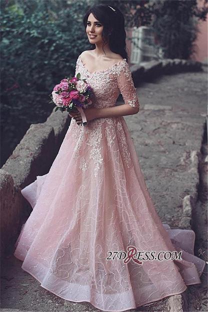 Tulle Pink A-Line Applique Half-Sleeve Long Prom Dress UKes UK
