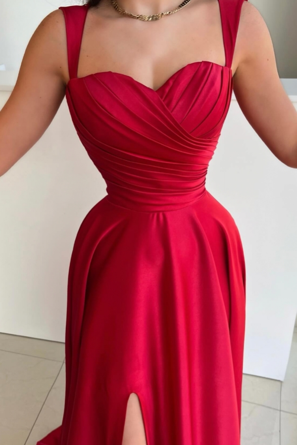 Chic Red Sweetheart Ruched Satin Long Evening Dress Side Slit Aline Formal Dress with Straps