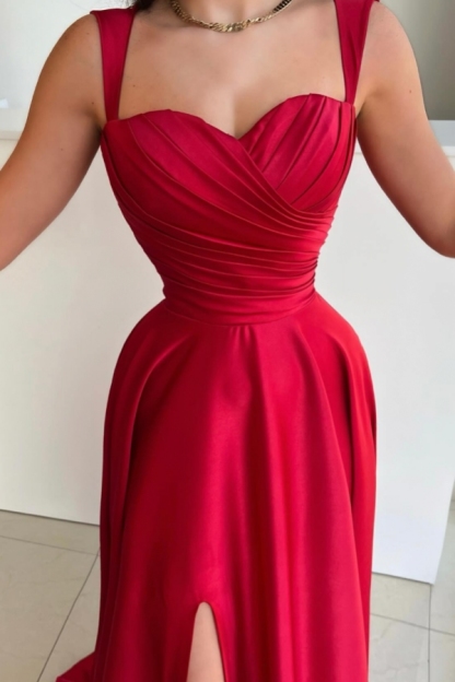 Chic Red Sweetheart Ruched Satin Long Evening Dress Side Slit Aline Formal Dress with Straps