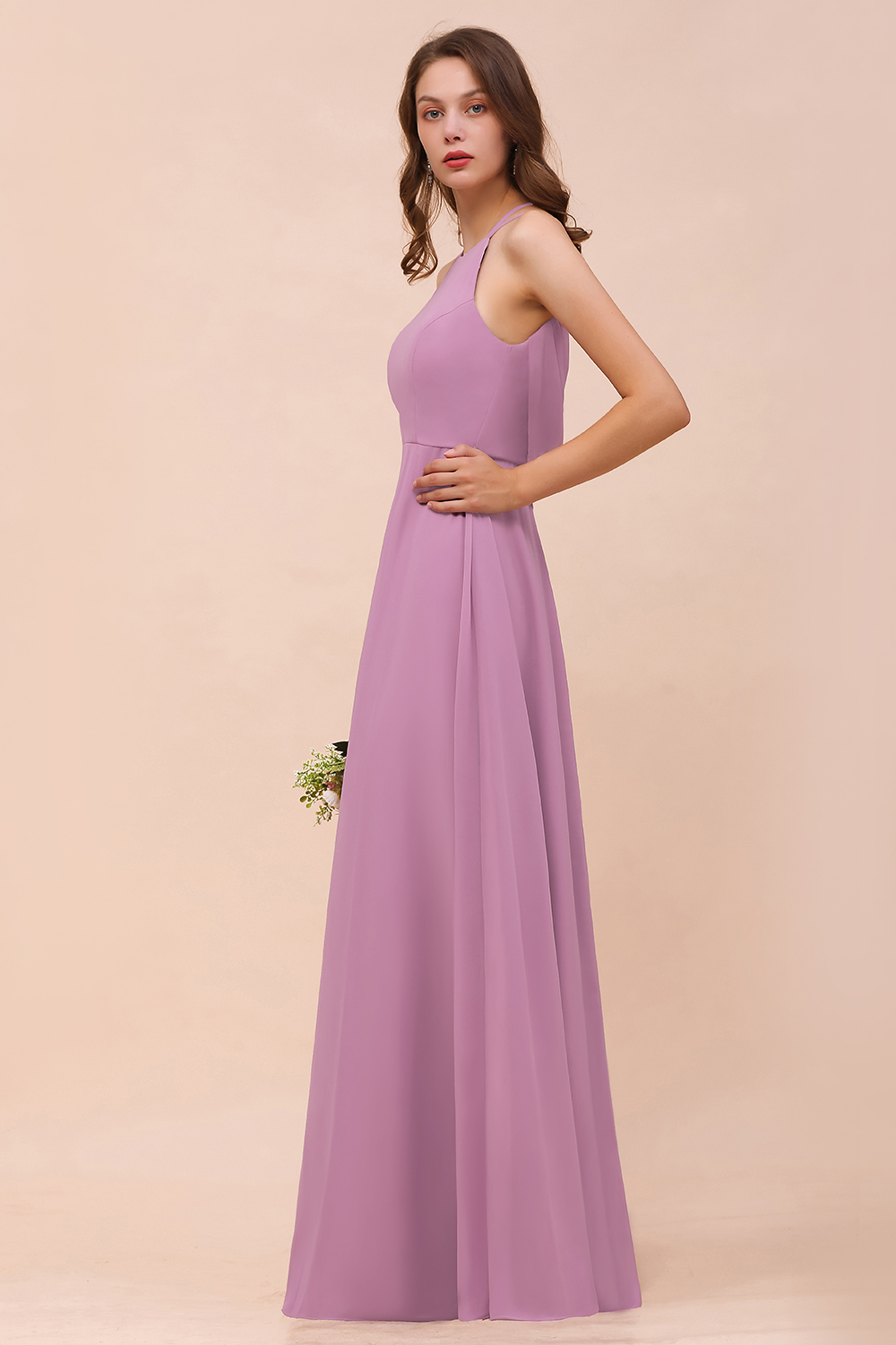 Amazing Halter Wisteria Bridesmaid Dress Simple Chiffon Long Wedding Party Dress