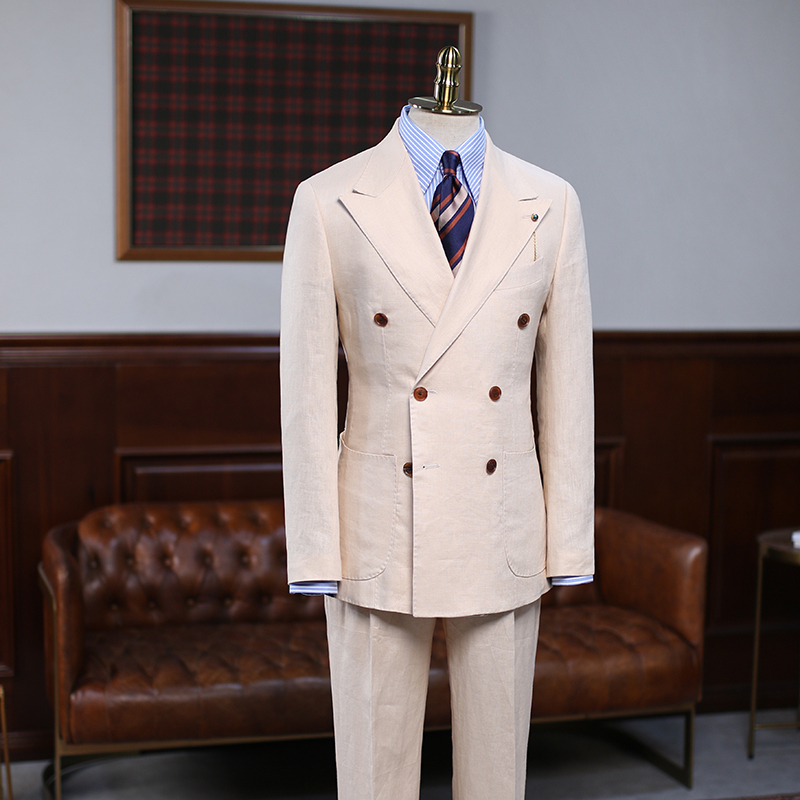 Adrian Light Khaki Peaked Lapel Double Breasted Business Suit