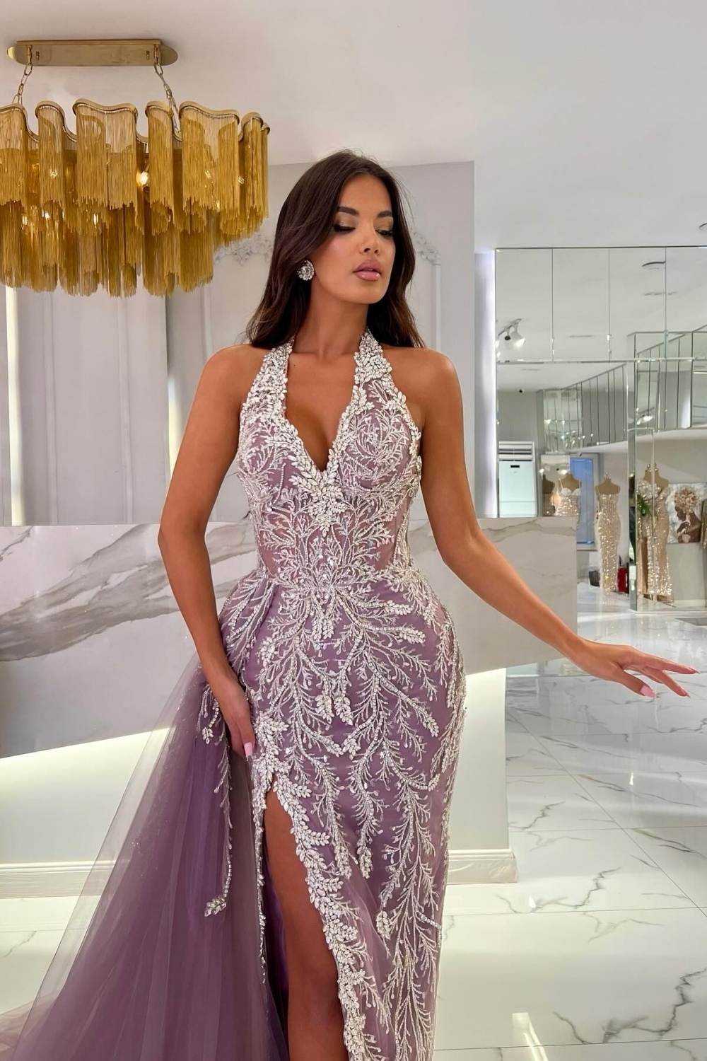 V-neck Halter Appliques Lace Split Front Column Prom Dresses with Train