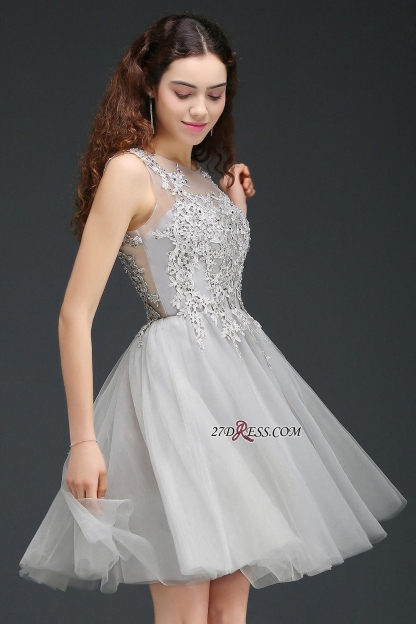 Silver Tulle Short A-Line Sleeveless Appliques Homecoming Dress UK