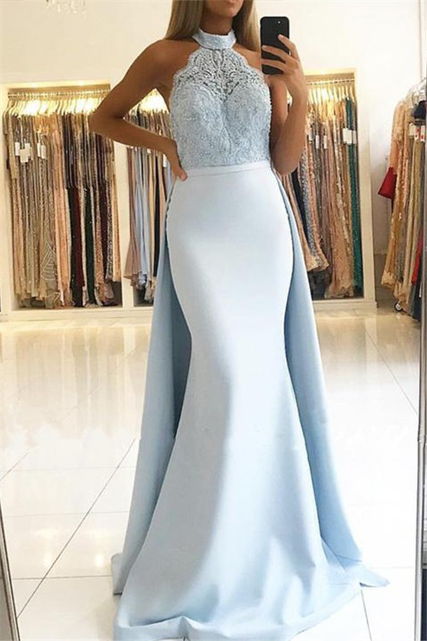 Sexy Lace Over Skirt Halter Prom Dress UKes UK Mermaid Sexy Sleeveless Elegant Evening Dress UKes UK