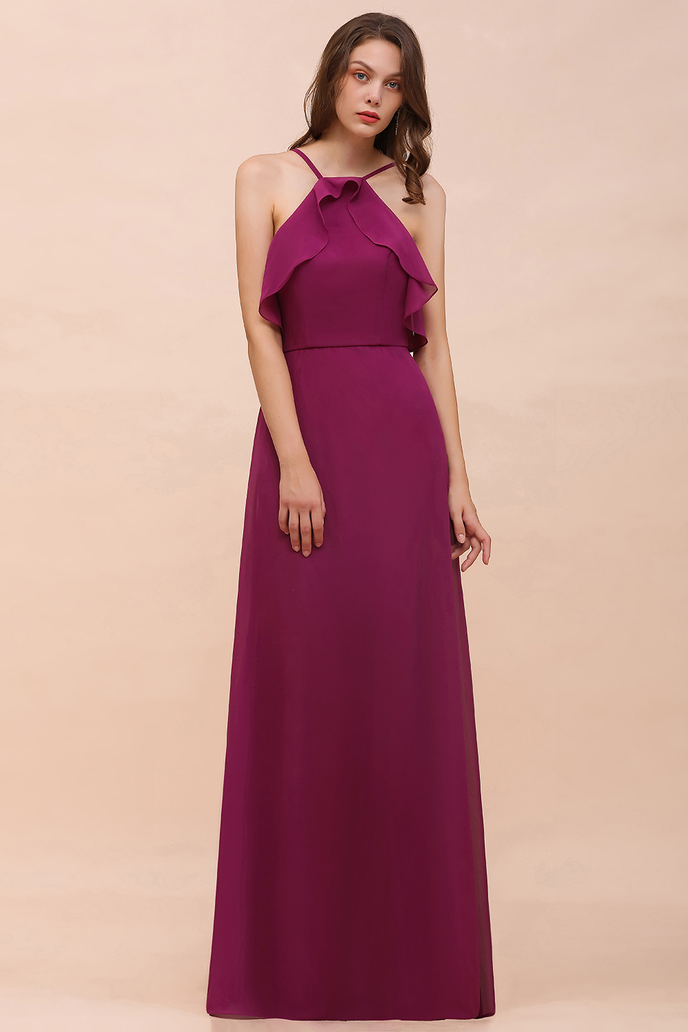 Chic Halter Chiffon Long Bridesmaid Dress Mulberry A-line Wedding Guest Dress