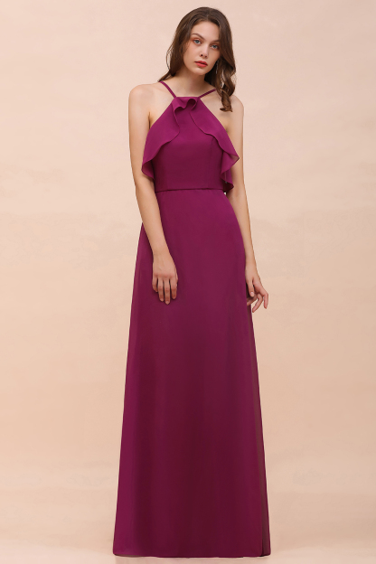 Chic Halter Chiffon Long Bridesmaid Dress Mulberry A-line Wedding Guest Dress