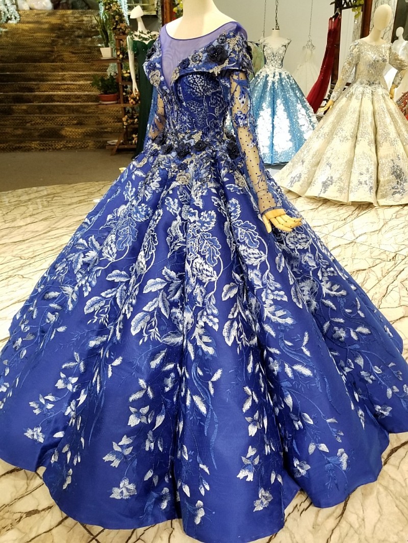 Sweep Train Long Sleeves Applique Ball Gown Long Prom Dress UK UK
