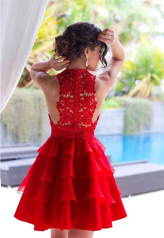 Elegant Red Lace Sleeveless Homecoming Dress UK Short Layers Cocktail Gowns