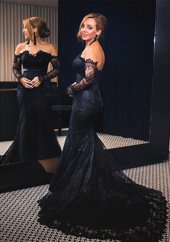 Elegant Black Mermaid Lace Evening Dress UK Long Sleeve Mermaid Party Dress UK Button Zipper Back BA7626-27Dress.co.uk