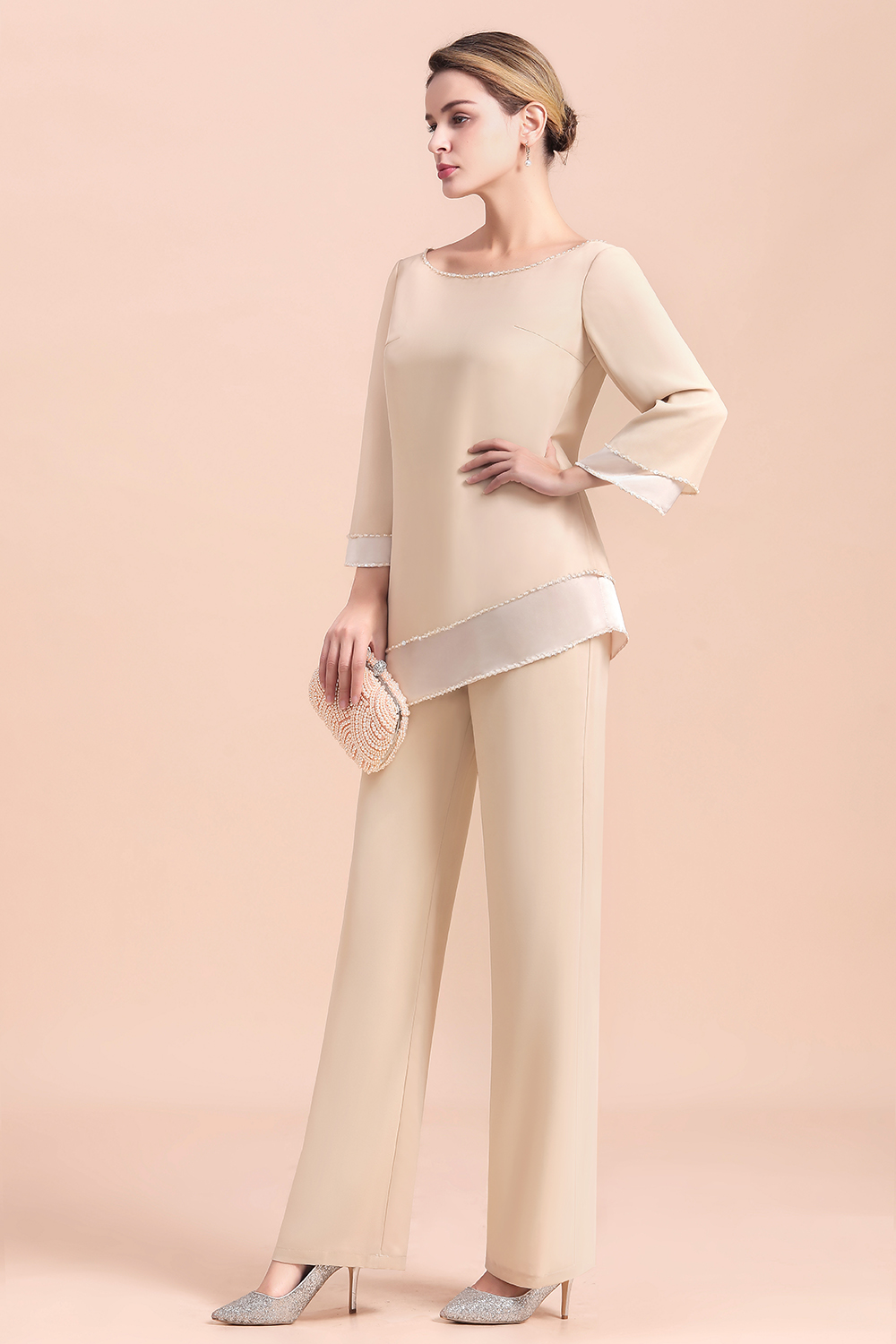 Round-Neck Champagne Chiffon Mother of Bride Jumpsuit for Wedding Guest