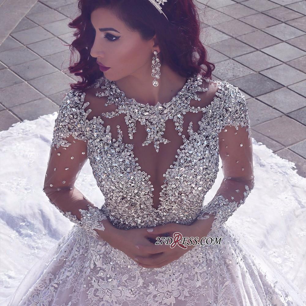 Glamorous Muslim Lace Beads Sheer Cathedral-Train Crystal Vintage Wedding Dress BA6920