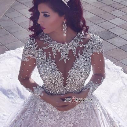 Glamorous Muslim Lace Beads Sheer Cathedral-Train Crystal Vintage Wedding Dress BA6920