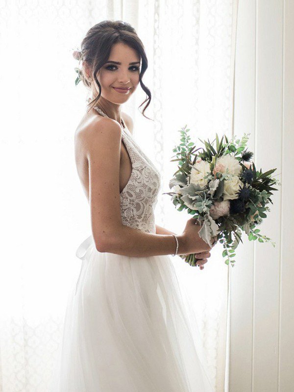 A-Line Lace Sleeveless Tulle Floor-Length Halter Wedding Dresses UK