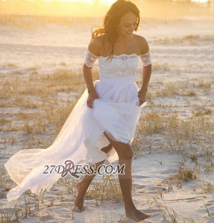 Elegant Off-the-shoulder Tulle Long Beach Wedding Dress With Lace Appliques