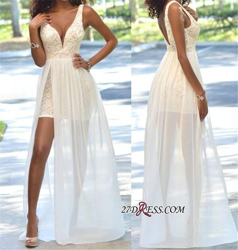 Deep-V-Neck Sheath Open-Back Elegant Lace Sleeveless Prom Dress UK